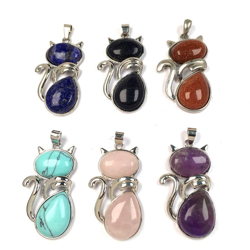 LE SKY Natural Stone Pendants cat Shape Healing Stone Pendant Crystal Agate Charms for Jewelry Making DIY Random 8 Pcs - Image 2